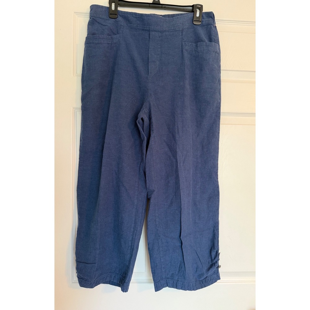 Habitat Clothes to Live In Blue Linen Blend Cropped Pants Button Hem Large